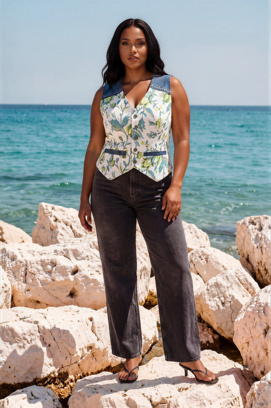 Juliette Fitted Vest - Green Floral