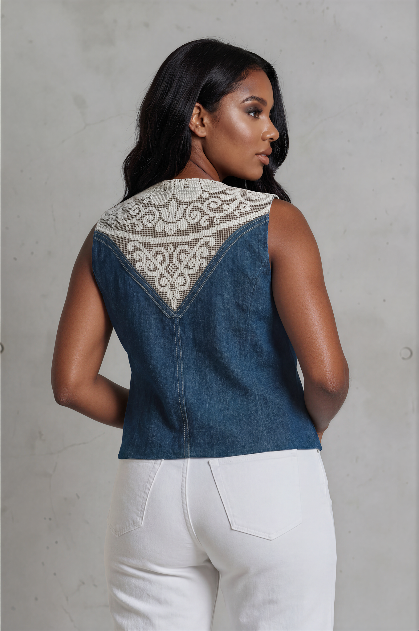 Juliette Fitted Vest - Denim & Lace
